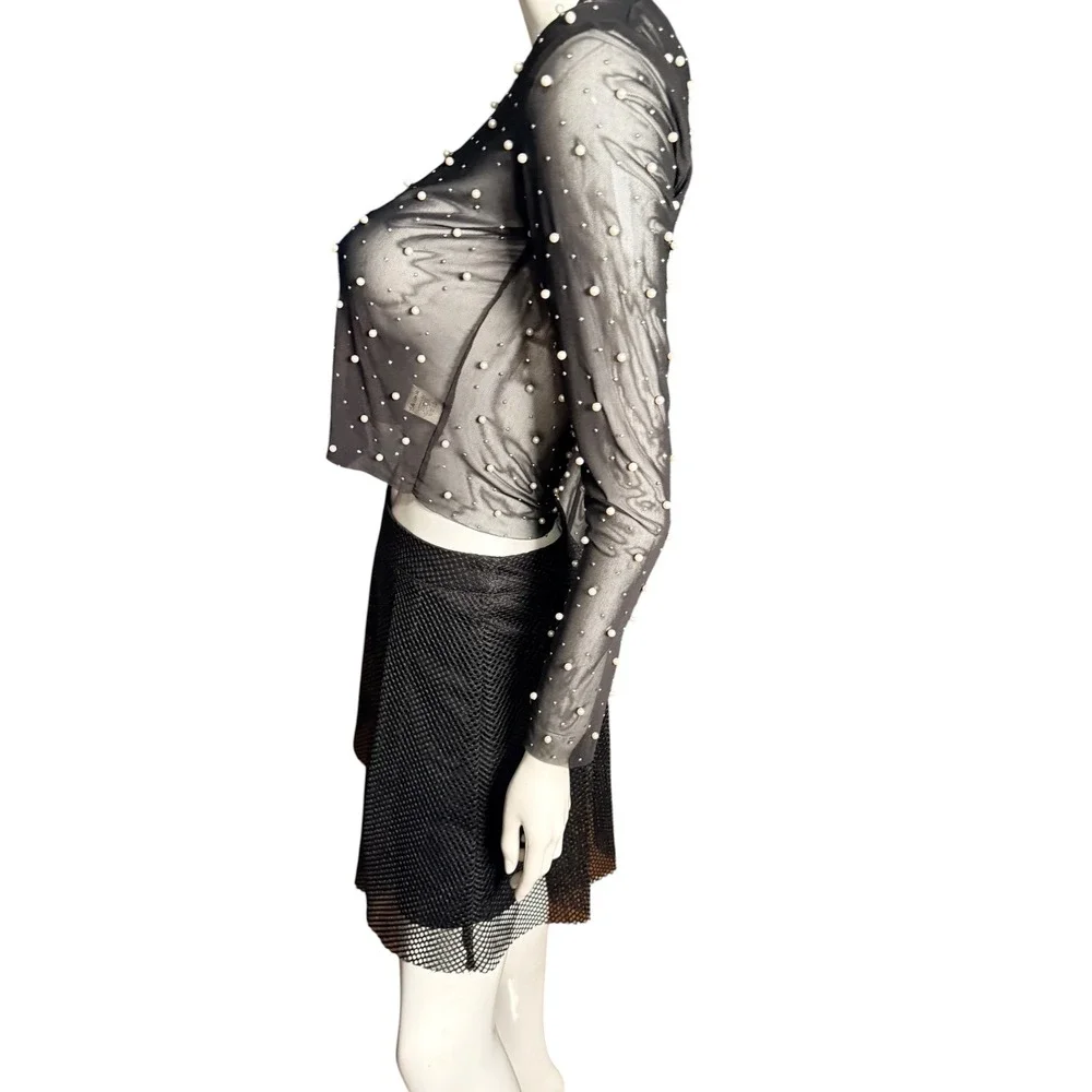 Thirty/Thirty LA Womens Black Sheer Mesh Pearl Embellished Crop Top Large - Picture 2 of 7